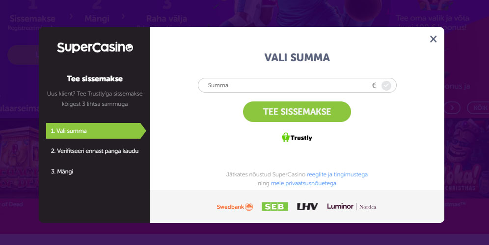 Näide, kuidas logida/avada konto SuperCasino kiirkasiinosse. Lihtsalt vajutada «Tee sissemakse» nupule, sisestada summa ja valida pank: Swedbank, SEB või LHV. Või kui konto olemas või ei soovi sisseamakset teha vajutada nupule: «Jätka mängimist».