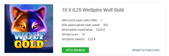 Selle kampaania raames saab lisaks 10 WinSpinni mängus Wolf Gold. Tasuta spinnide saamiseks avada aktiveerida Optibet lehel Minu Boonus sektsioonis boonus. Ava Optibet'i kasiino. 