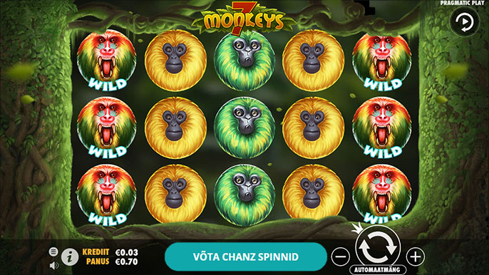 Chanz kasiino tasuta spinnide saamiseks avada Chanz, registreeruda kasutajaks ja teha vähemalt €10. Koheselt 50 tasuta spinni mängus 7 Monkeys.