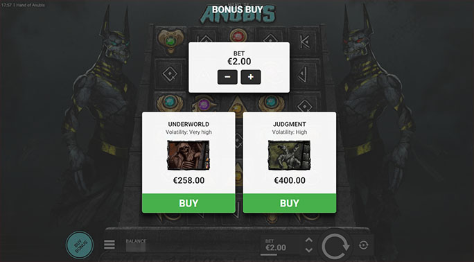 Slotimängus Hand of Anubis saab boonust ostes valida kahe boonusmängu vahel, mille hinnaks on 129-kordne keerutus hind või 200-kordne keerutuse hind. 