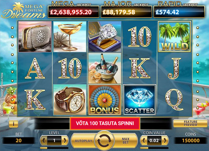 Ava Maria Casino ja tee vähemalt €10 sissemakse, saad 100 tasuta spinni mängus Mega Fortune Dreams, kus jackpot ulatub miljonitesse eurodesse. 