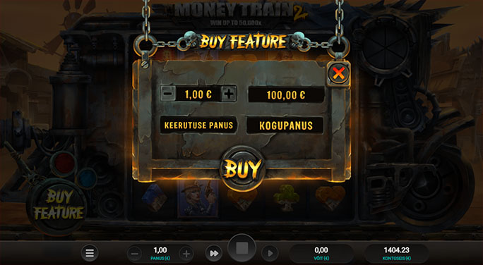 Money Train 2 slotimängus boonuse ostmine. Boonusmängu ostmiseks tuleb maksta 100-kordne panuse summa. Näiteks: kui soovitakse mängida boonusmängu €1 keerutustega, tuleb boonusmängu käivitamiseks maksta €100. 